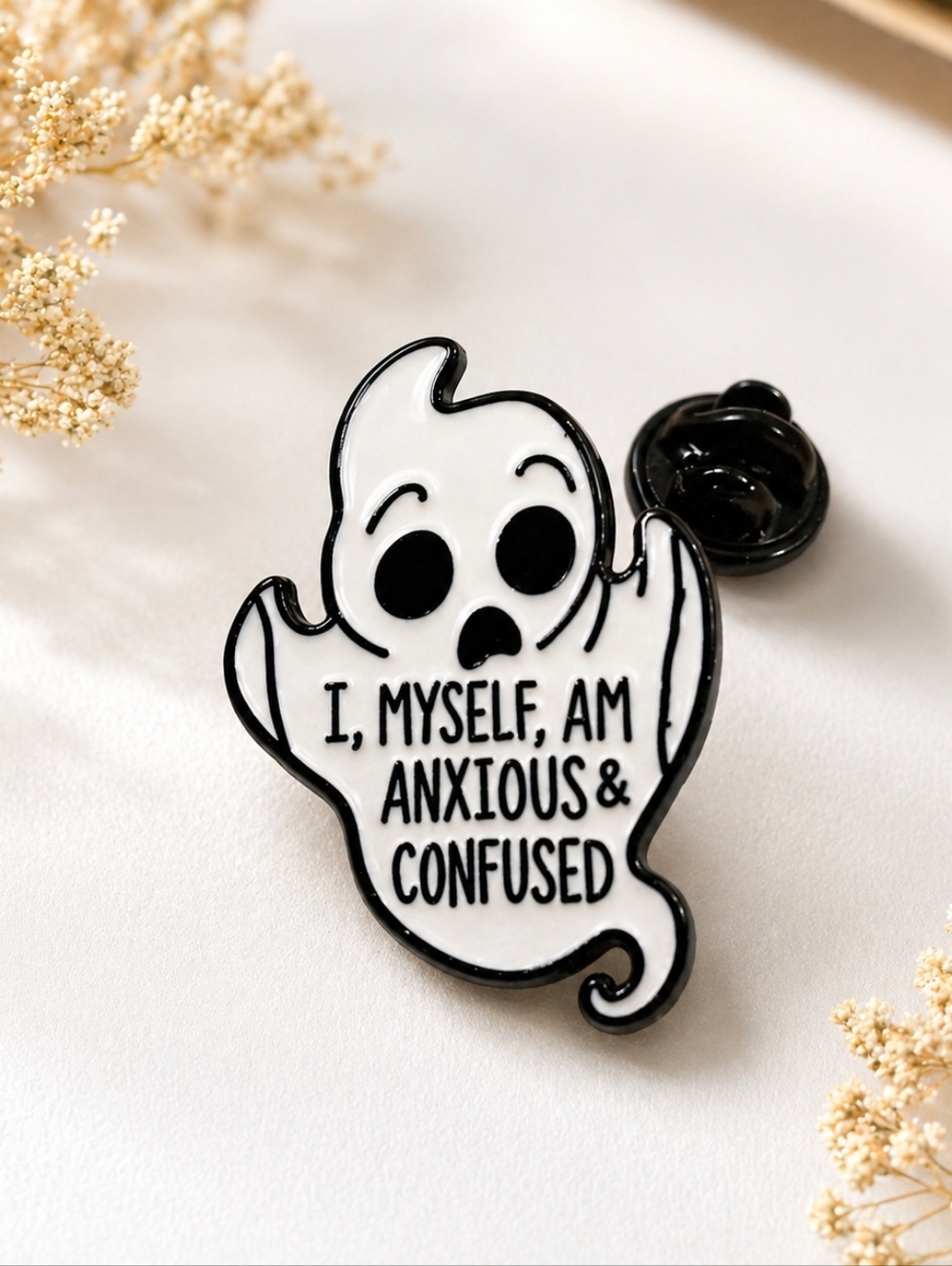 Funny Ghost Enamel Pin "Anxious & Confused"‎ Meme Cute Spooky Kawaii Goth Pin
